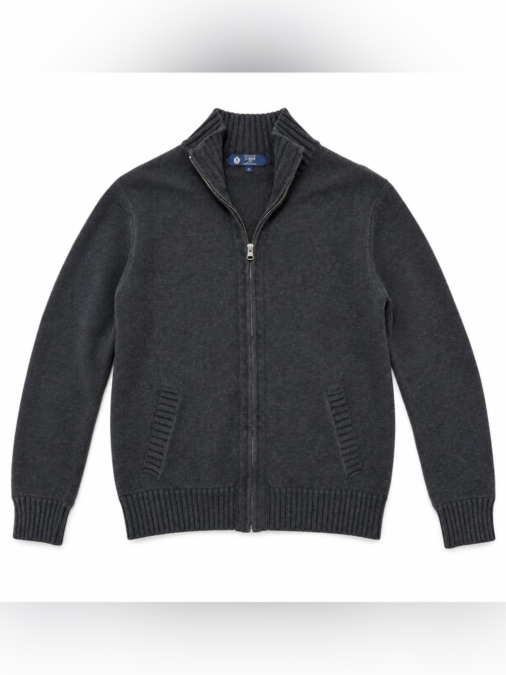 J.Crew Men’s Ribbed Full Zip Cardigan Sweater Charcoal Gray Medium Cotton